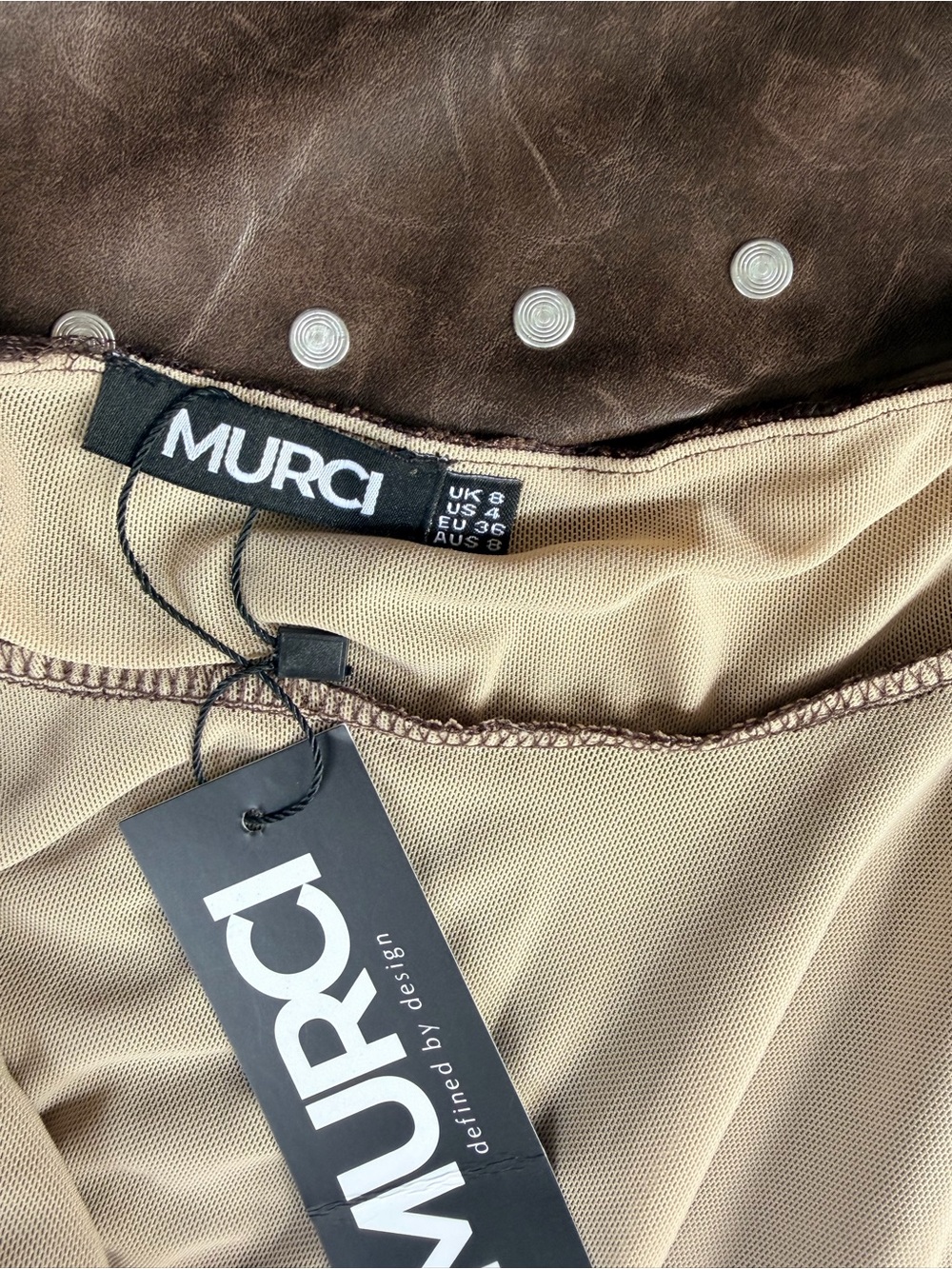Studded Faux-Leather Waist Lace Tiered Skater Skirt - Brown - Picture 3 of 3